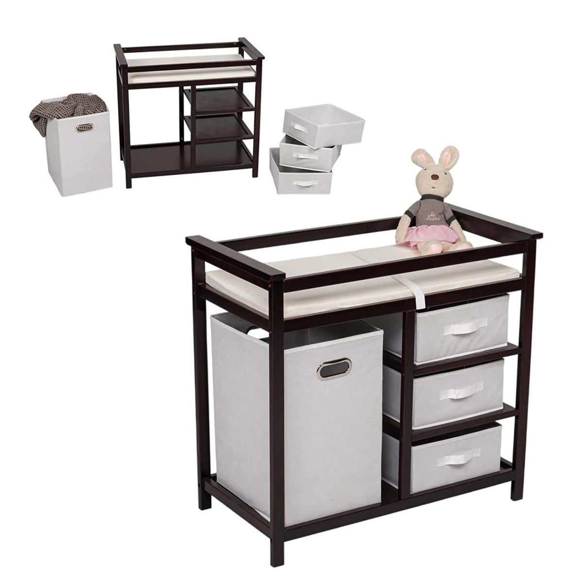 Modern Baby Changing Table with Hamper and 3 Baskets - White - Badger Basket