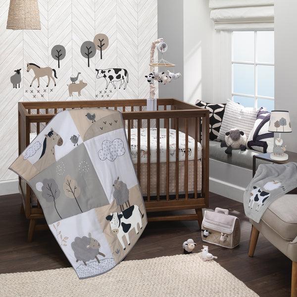 Baby Farm Animals 5-Piece White/Taupe Baby Crib Bedding Set - The Baby's Room