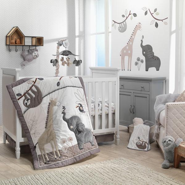 Baby Jungle Animals 4-Piece Gray/White/Taupe Crib Bedding Set - The Baby's Room