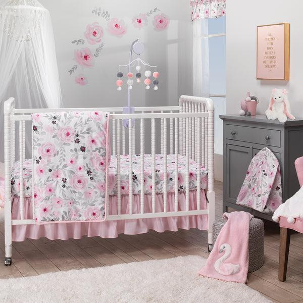 Blossom Pink Watercolor Floral 3-Piece Baby Crib Bedding Set - The Baby's Room