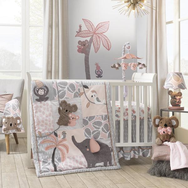 Calypso Pink/Gray Koala, Elephant & Monkey Nursery 4-Piece Baby Crib Bedding Set - The Baby's Room