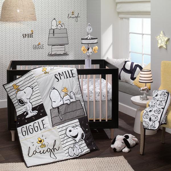 Classic Snoopy White/Black/Gray 3-Piece Baby Crib Bedding Set - The Baby's Room
