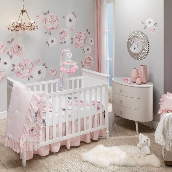 Floral Garden Watercolor/Pink Linen 5-Piece Baby Crib Bedding Set - The Baby's Room