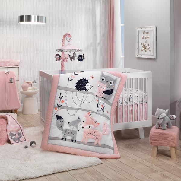 Forever Friends White/Pink/Gray Woodland Fox/Owl 4-Piece Nursery Crib Baby Bedding Set - The Baby's Room