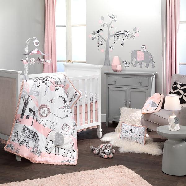 Happy Jungle Pink/White Safari Nursery 5-Piece Crib Bedding Set - The Baby's Room