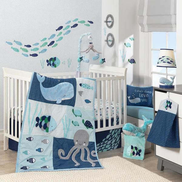 Oceania Blue/Gray/White Whale with Octopus and Fish Nautical Ocean 6-Piece Nursery Baby Crib Bedding Set - The Baby's Room