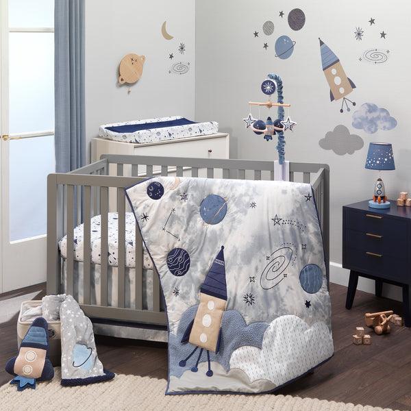 Sky Rocket 5-Piece Blue Galaxy/Space Nursery Baby Crib Bedding Set - The Baby's Room