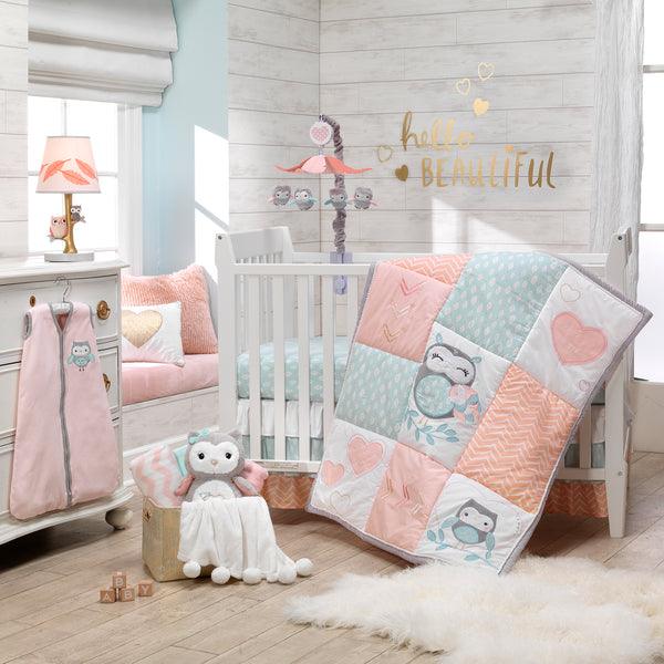 Sweet Owl Dreams Pink Heart Nursery 5-Piece Baby Crib Bedding Set - The Baby's Room