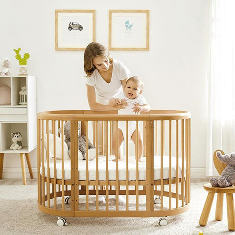 Multi-functional wood baby crib kids beds children table and chair mobile convertible wooden round baby bed
