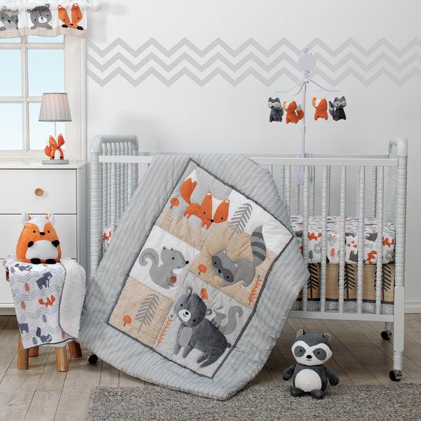 Acorn Gray Woodland Fox, Raccoon, Squirrel & Bear 3-Piece Baby Nursery Crib Bedding Set - The Baby's Room