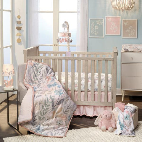 Baby Blooms 3-Piece Pink Floral/Butterfly Baby Crib Bedding Set