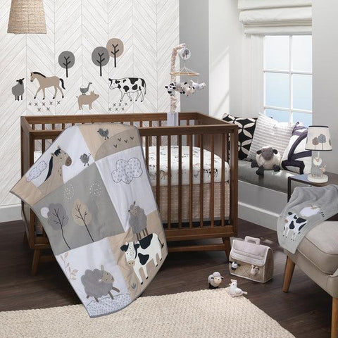 Baby Farm Animals 5-Piece White/Taupe Baby Crib Bedding Set