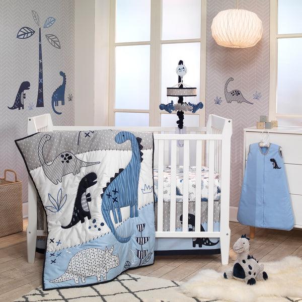 Baby Dino Blue/White Dinosaur Nursery 6-Piece Crib Bedding Set - The Baby's Room