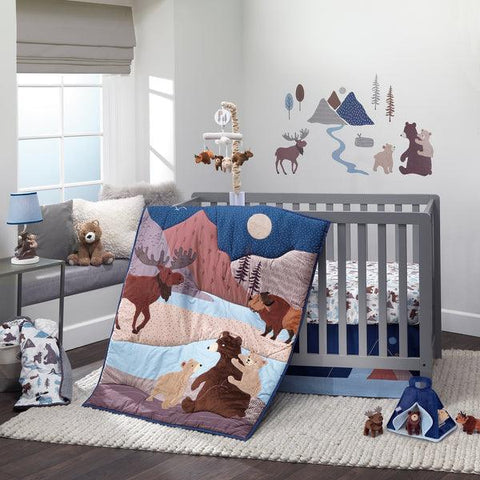 Big Sky Blue/Brown Woodland Animals 4-Piece Baby Crib Bedding Set