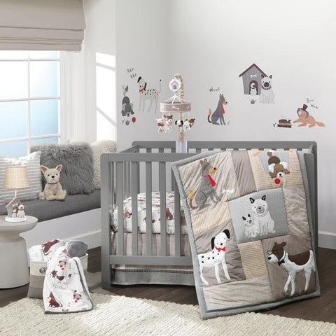 Bow Wow Gray/Tan Dog/Puppy Nursery 3-Piece Baby Crib Bedding Set