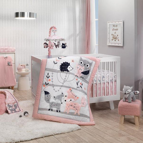 Forever Friends White/Pink/Gray Woodland Fox/Owl 4-Piece Nursery Crib Baby Bedding Set