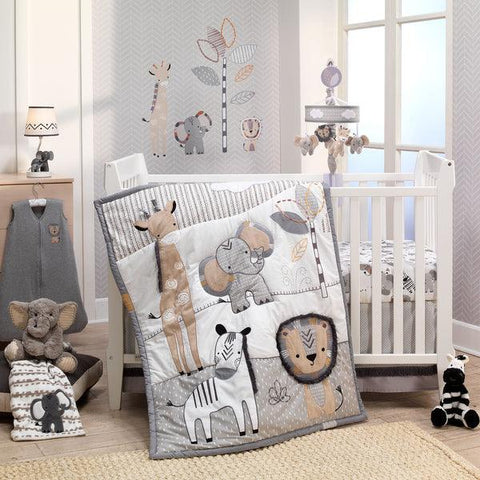 Jungle Safari Gray/Tan/White Nursery 6-Piece Baby Crib Bedding Set
