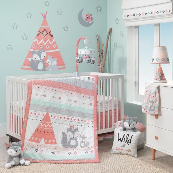 Little Spirit Coral/Mint/Gray Southwest Fox & Teepee Nursery 3-Piece Baby Crib Bedding Set - The Baby's Room