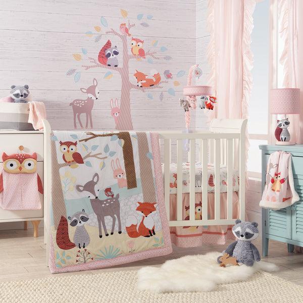 Little Woodland Forest Animals Coral Nursery 4-Piece Baby Crib Bedding Set - The Baby's Room