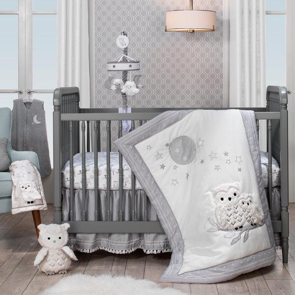 Luna White/Gray Celestial Owl 4-Piece Nursery Baby Crib Bedding Set - The Baby's Room