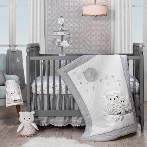 Luna White/Gray Celestial Owl 4-Piece Nursery Baby Crib Bedding Set