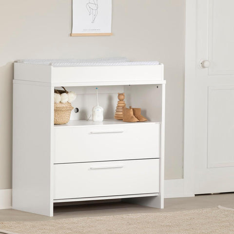Changing table with removable rim, drawers, and open storage