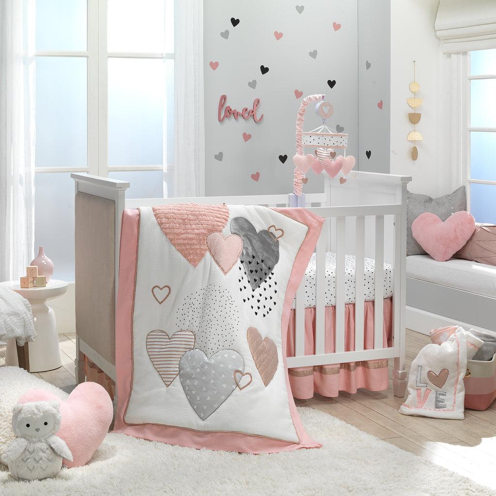 Signature Heart to Heart Pink/Grey/White 4 Piece Baby Crib Bedding Set - The Baby's Room