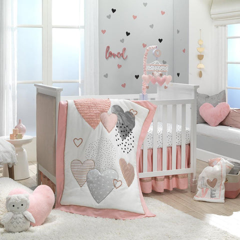 Signature Heart to Heart Pink/Grey/White 4 Piece Baby Crib Bedding Set