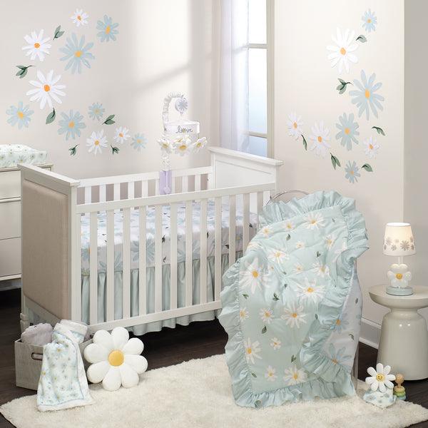 Sweet Daisy Blue/White 3-Piece Floral Baby Crib Bedding Set - The Baby's Room