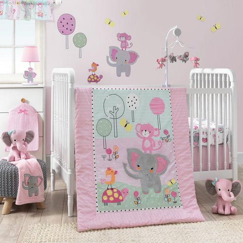 Twinkle Toes Pink/Blue/Green Elephant & Monkey 3-Piece Nursery Crib Bedding Set