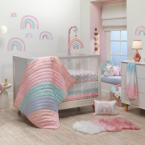 Watercolor Pastel Pink/Mint Rainbow 5-Piece Baby Crib Bedding Set